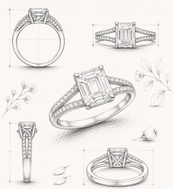 Emerald Cut Split Shank Engagement Ring Design Sketch