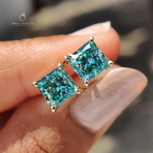 Blue Princess Cut Diamond Stud Earrings Solid Gold Solitaire Earrings Minimalist Luxury Stud Earrings Lab Grown Diamond Jewelry for Women