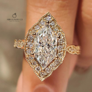 Dutch Marquise Cut Diamond Ring with Round Halo in Solid Yellow Gold Vintage Inspired Engagement Ring Milgrain Detail Lab Grown Diamond Jewelry Gift for Her