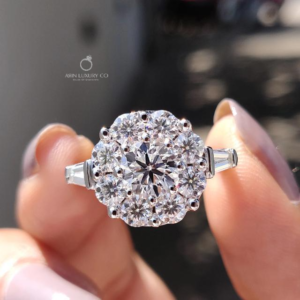 Round Cut Diamond Cluster Halo Ring with Tapered Baguette Side Stones Solid Gold Engagement Ring Luxury Bridal Lab Grown Diamond Jewelry