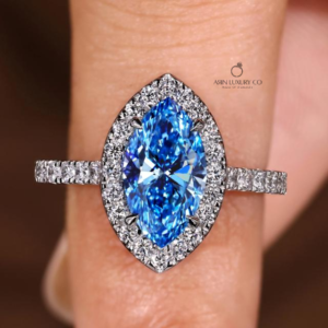 Blue Marquise Cut Diamond Halo Ring with Round Cluster Side Stones Solid Gold Engagement Ring Luxury Bridal Jewelry Lab Grown Diamond