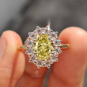 Yellow Oval Cut Lab Grown Diamond Halo Engagement Ring with Round Cut Diamond Halo Solid Gold Bridal Ring Vintage Style Fine Jewelry