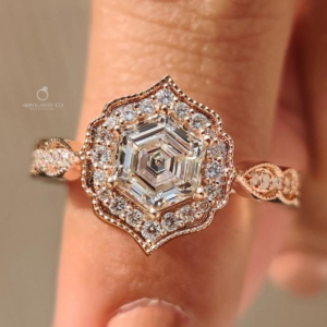 Vintage Hexagon Cut Diamond Halo Engagement Ring in Rose Gold Round Diamond Halo Ring Antique Floral Inspired Bridal Ring Art Deco Style Statement Ring