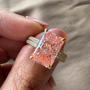 Pink Radiant Cut Diamond Engagement Ring with Round Diamond Side Stones Solid Gold Pave Band Luxury Bridal Ring Lab Grown Diamond Jewelry