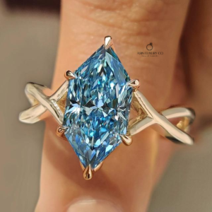 Blue Dutch Marquise Cut Diamond Engagement Ring with Split Shank Band Solid Gold Statement Ring Unique Bridal Jewelry Lab Grown Diamond