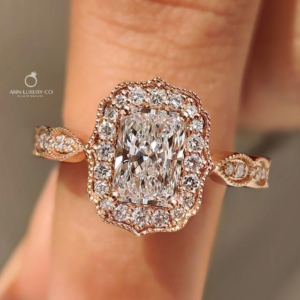 Radiant Cut Diamond Halo Engagement Ring with Round Diamond Side Stones Vintage Solid Gold Bridal Ring Art Deco Inspired Fine Jewelry