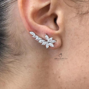 Marquise Cut Diamond Climber Hoop Earrings Solid Gold Floral Leaf Ear Cuff Earrings Nature Inspired Luxury Bridal Jewelry for Women
