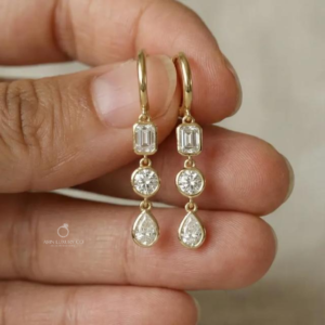 Emerald Round & Pear Cut Diamond Drop Hoop Earrings Solid Gold Three Stone Dangle Earrings Luxury Bridal Jewelry Lab Grown Diamond Gift