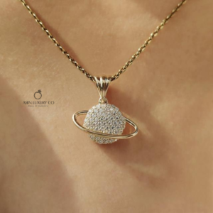 Round Shape Diamond Saturn Pendant Necklace with Round Cut Pave Diamonds in Solid Yellow Gold Orbit Ring Pendant Fine Jewelry Gift for Her
