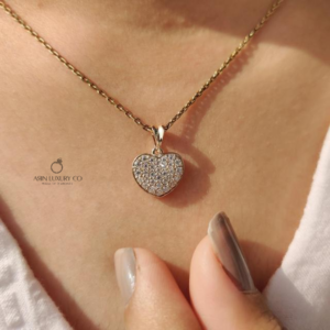 Heart Shape Round Cut Diamond Pave Pendant Solid Gold Heart Necklace Minimalist Diamond Heart Charm Gift for Women Lab Grown Diamond Jewelry