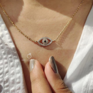 Round Cut Diamond Evil Eye Pendant Solid Gold Eye Shape Necklace Protection Charm Minimalist Lucky Jewelry Lab Grown Diamond Gift for Women