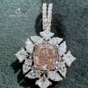 Pink Cushion Cut Diamond Floral Pendant with Marquise & Princess Cut Side Stones Solid Gold Statement Necklace Lab Grown Diamond Jewelry