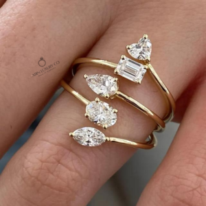 Multi Shape Diamond Bypass Open Band Ring with Heart Pear Oval Emerald Marquise & Round Cut Stones Solid Gold Modern Statement Ring