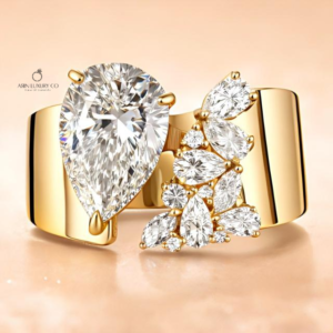 Asymmetric Pear Cut Diamond Ring with Pear Round & Marquise Cluster Stones Thick Wide Band Statement Ring Solid Gold Luxury Modern Jewelry