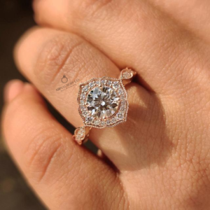 Round Cut Vintage Diamond Ring with Floral Halo Ornate Milgrain Band Classic Engagement Ring Solid Gold Bridal Jewelry Luxury Lab Grown Diamond Ring
