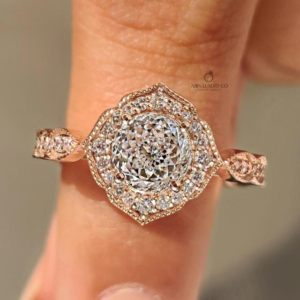 Portuguese Cut Vintage Diamond Ring with Ornate Halo Classic Engagement Ring Antique Gold Bridal Jewelry Luxury Lab Grown Diamond Statement Ring