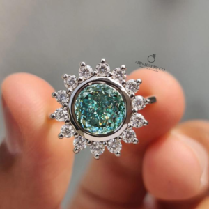 Green Portuguese Cut Diamond Ring with Round Side Stones Floral Halo Vintage Engagement Ring Elegant Bridal Jewelry Luxury Lab Grown Diamond Statement Ring