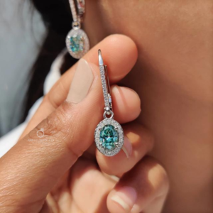 Green Oval Cut Diamond Drop Earrings with Round Cut Halo Stones Elegant Dangle Earrings Luxury Bridal Jewelry Statement Gift Lab Grown Diamond Earrings