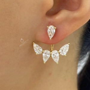 Elegant Yellow Gold Pear Cut Lab Grown Diamond Front Back Ear Jacket Stud Hoop Earrings for Women Party Fine Jewelry