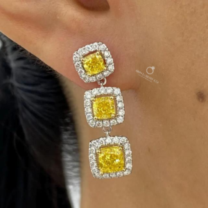 Yellow Cushion Cut Diamond Drop Earrings Halo Cluster Dangle Earrings Three Stone Canary Yellow Gemstone Earrings Statement Bridal Jewelry Gift
