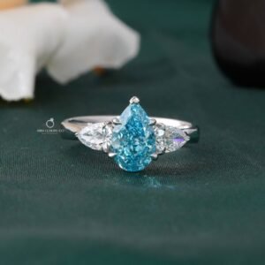 Blue Pear Shaped Lab Grown Diamond Ring with Side Pear Cut Diamonds in White Gold Luxury Engagement Wedding Ring for Women