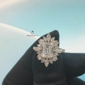 Emerald Cut Lab Grown Diamond Engagement Ring, Marquise Diamond Halo Ring, 14K White Gold Bridal Jewelry,  Luxury Wedding Gift for Her